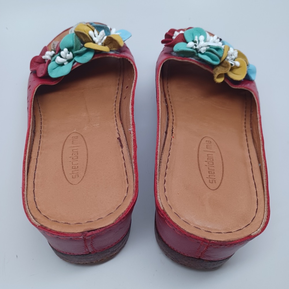 Sheridan Mia Red Leather Floral Wedge Sandals Womens Slides Multi Color Flowers - Picture 11 of 13